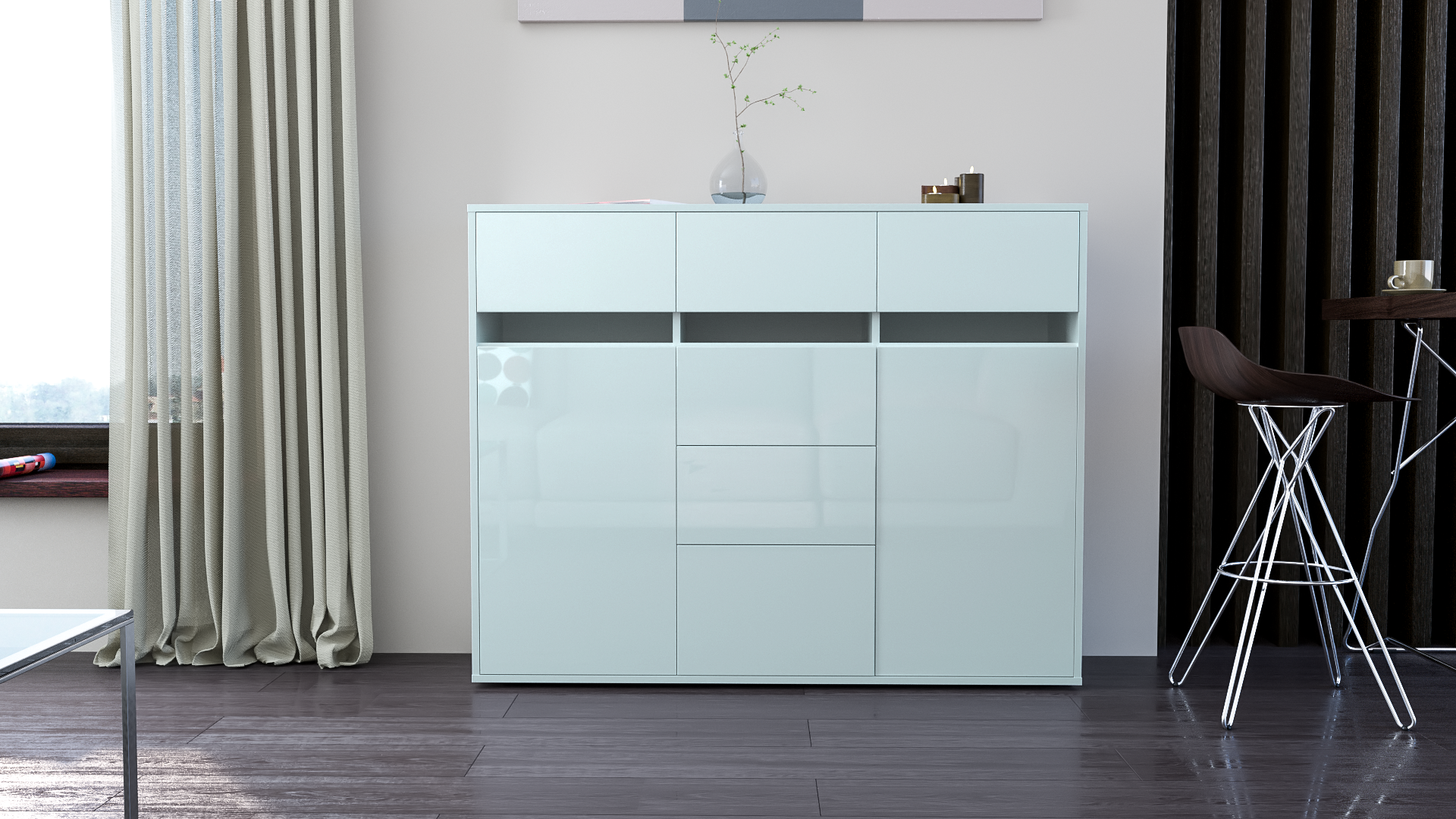 Close view of a furniture construction detail and material finish.