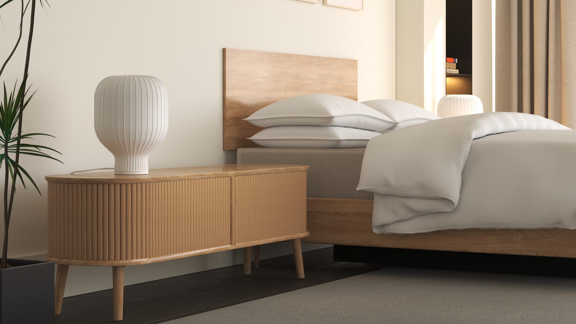 Furniture arranged within a softly lit contemporary interior.