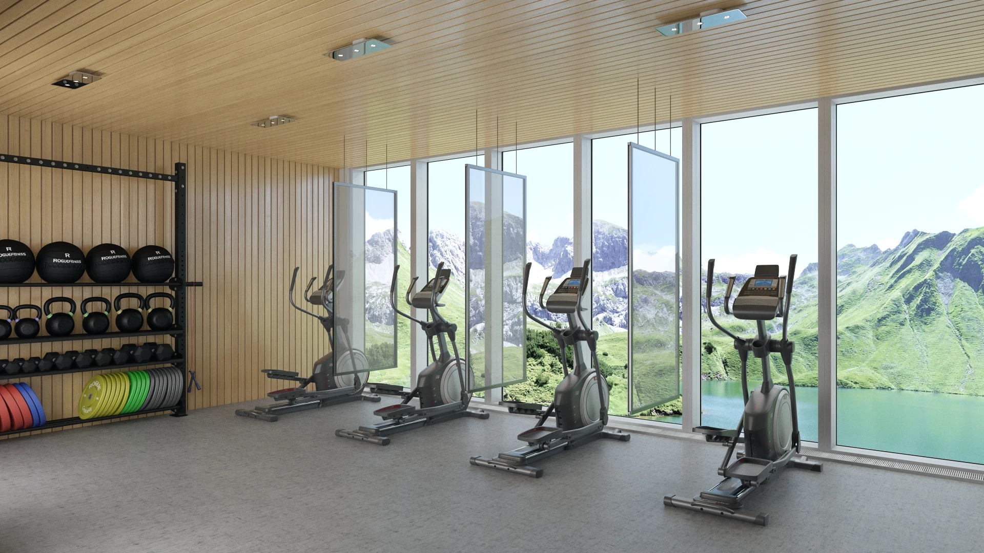 Suspended glass partitions dividing a contemporary gym interior.
