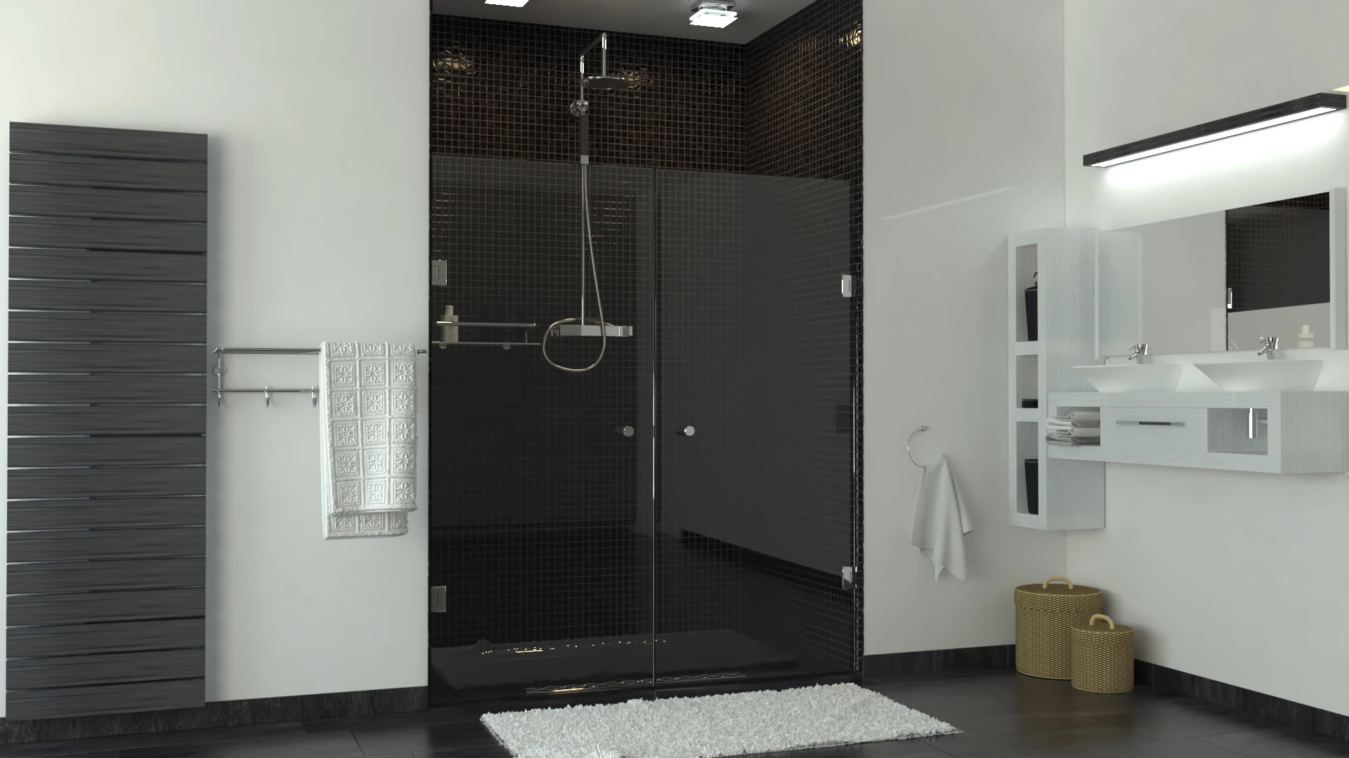Sliding glass partition system separating two interior zones.