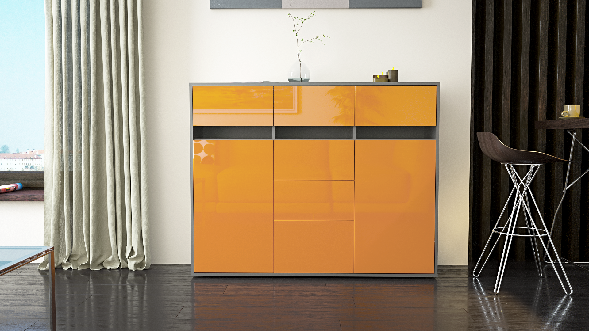 Rendered product composition with coordinated materials and lighting.
